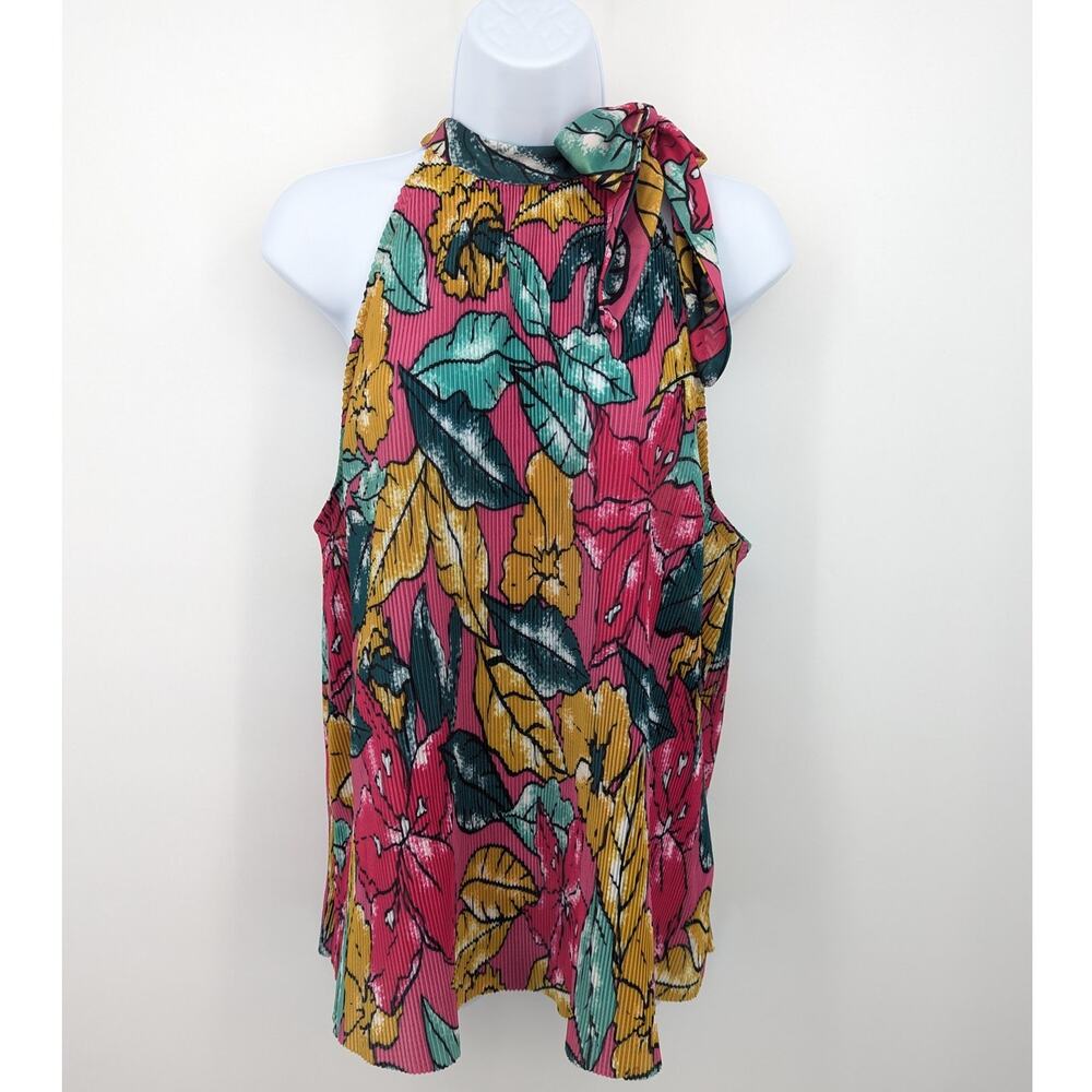 Maeve by Anthropologie Floral Pleated Halter Tank Large Top Tie Neck Tropical